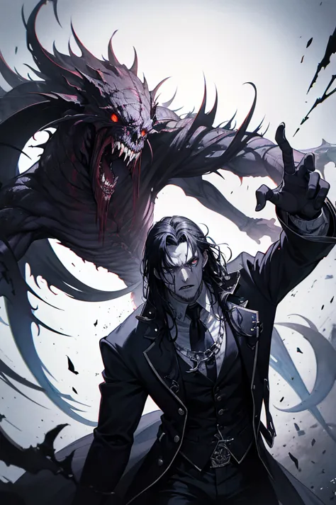 Violent and Murderous Man 、 background emphasizes crazy elements with swirling tentacles 、Battle Scenes.Giant monster ,full body,  fights for control  : dr.  while Jekyll shows tension between reason and instincts、Mister . Hyde ,  within .Artistic elements...