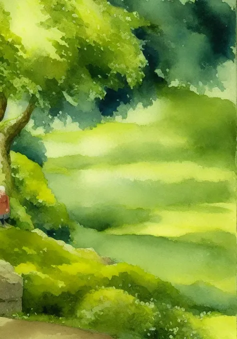 A very cartoonish, extremely deformed with few lines and very simple, smiling picture like a watercolor painting. An old man and an old woman standing in a natural Japanese landscape have large heads and small bodies like cute characters such as Pokemon an...