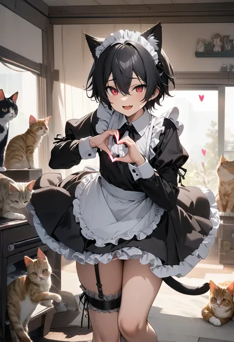 masterpiece,最 high quality, very detailed, high resolution background ,8k, high quality,1boy、man、male、２０ yo、difficult、Black Hair、short cut、 cosplay、Short Hair、hair between eyes、（redEye:1.5）、 maid clothes、stand、Bend one leg、（heart hands:1.5）、Cute room、Play ...