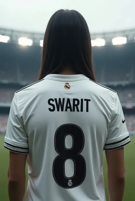 Make a Photo with the dragon Jersey of Real Madrid with a person wearing it and standing Backside and in front of a stadium and he looks Very smart from Back Also  add The jersey Name Swarit and jersey no 8 make hair silky , shiny and with a Look Good From...