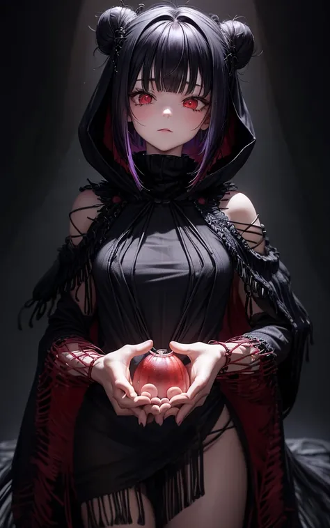 1 woman,  full of bangs、Food、 Red Glowing Eyes 、Purple Hair、 anatomically correct, adult、 medium hair、Fluffy Bob、Perm、darkness、Song of Destruction 、Age 25、 small breasts、mesh、( Tattered Black Poncho:1.5)、 Red Pearl Necklace 、burnt long skirt、human、 long ba...