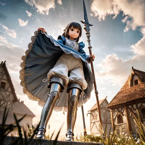 (  highly detailed CG octane rendering 8k wallpaper with a long spear ),  The Worlds Most Beautiful Artwork ,  with a flag attached to a long spear, Complex,  high detail, ８ year old girls, Silver embroidery,  medieval long cotton dress（With panniers）, Cot...