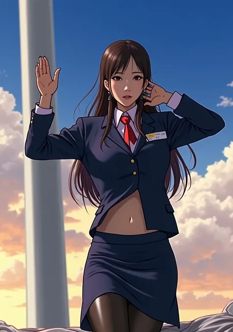 A pretty Japanese stewardess is laying on the bed, very bright white skin, brown spread hair, natural bang, wearing a formal cabin attendant uniform, tight short dress suit uniform with name tag, colors, ((upskirt)), ((( color shiny pantyhose:1.4))), ((who...