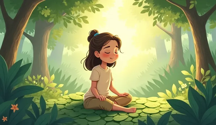 A cartoon-style illustration of a young woman sitting peacefully on a bed of leaves, with a calm and gentle smile. She is dressed in casual clothing, surrounded by soft greenery in a tranquil forest setting. Sunlight filters gently through the leaves, cast...