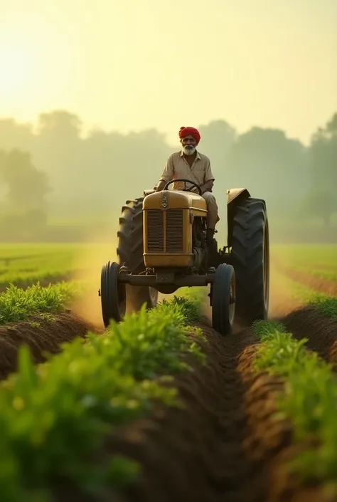 "A realistic Indian farmer driving a tractor in a vast green field, surrounded by crops and natural landscape. The farmer is wearing a traditional turban and simple farming clothes. The tractor is a classic model with visible wheels moving through the soil...