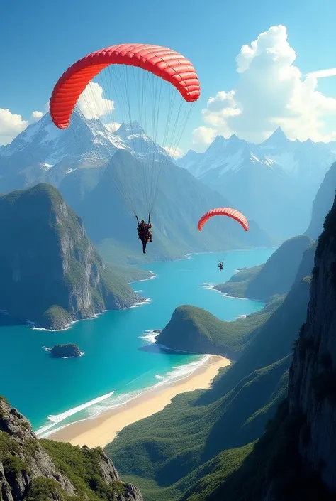 Mountain and beaches and travellers and seven wonders and parachute