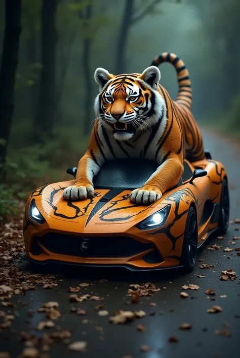 Imagine a dynamic scene featuring a tiger and car hybrid. The car’s body has a sleek, muscular shape that seamlessly integrates tiger-like features. The front of the car is transformed to resemble a tiger’s face, with fierce eyes in place of headlights and...