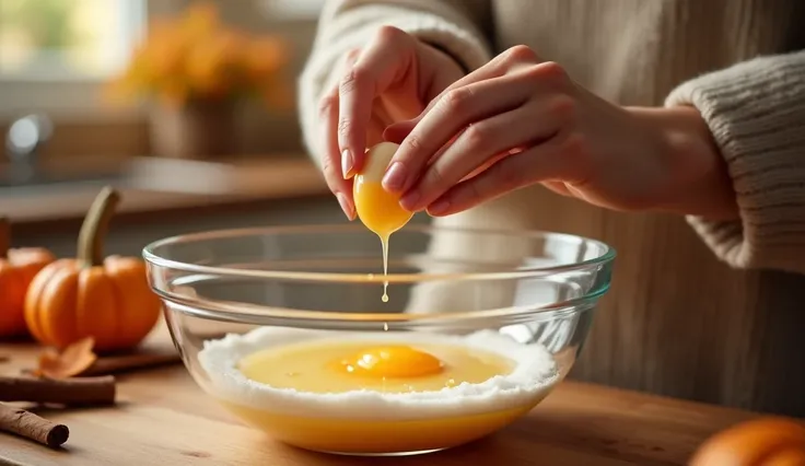 **Create image** of a womans hand cracking an egg into a large glass mixing bowl. Inside the bowl, there is only a small amount of melted butter in liquid form, about four fingers worth, and a clear visible layer of sugar, ensuring that both ingredients ar...