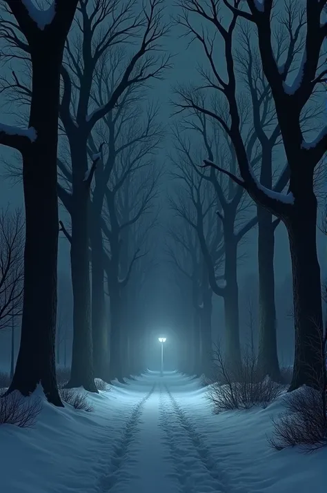 A park in winter with tall trees in the night scary
