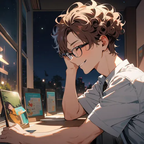   Ultra-fine,masterpiece, Awards, Best Quality ,1 person,  Handsome Boy,Brown Hair,23 years old,Glasses,Introvert,moonlight,Cafeteria at night,  short hair, Curl perm,The best smile,