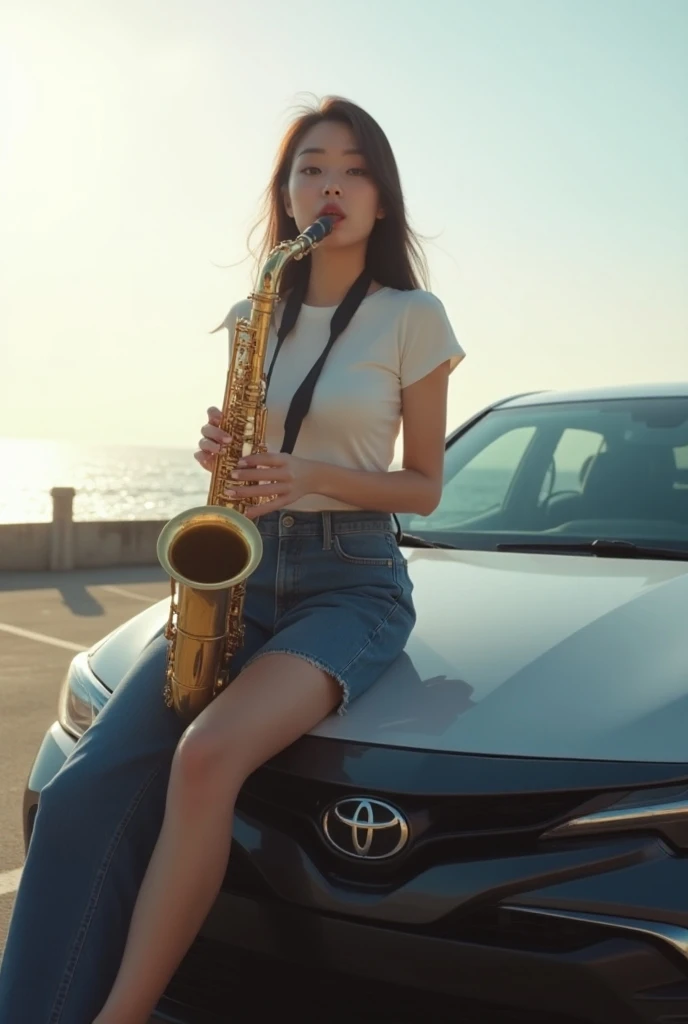 ((best quality)), ((masterpiece)), (detailed), 1girl, 
 TOYOTA sedan parked in a coastal parking lot 、A beautiful Japanese woman is sitting on the hood of a car and is playing an alto saxophone、T-shirt、jeans、 slender、slim、Summer light shines from the top l...