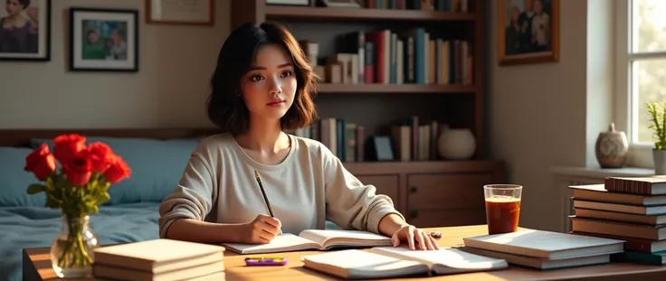 (photorealism:1.2), beautiful woman, sitting on a desk, short bob wavy haircut studying law in comfy clothes. Shes looking at the books. Room is filled with several books on psychology, law and fiction. They are not perfectly organized. The desk have many ...