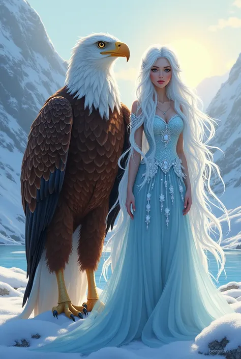 Create an image featuring an eagle and an ice spirit side by side, highlighting their unique characteristics while emphasizing their shared properties.

On the left, depict a majestic eagle with a strong, muscular body covered in rich brown and white feath...