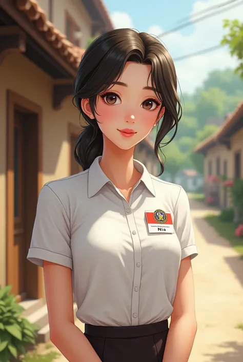 Make me a beautiful woman as the village secretary in a short-sleeved white shirt on her chest there is an identification mark and says the name Nia 