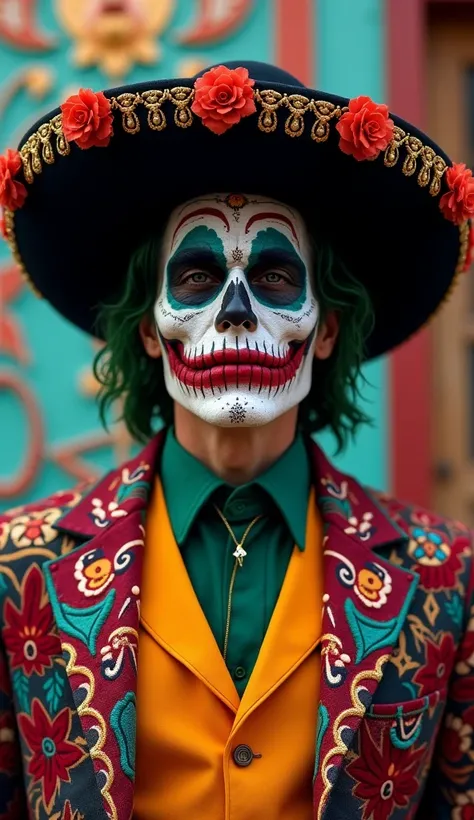 "Joker with Dia de Los Muertos style makeup, with skulls and colorful arabesques on his face. He wears a full joint, traditional Mexican costume, with a black sombrero decorated with flowers and gold embroidery, as well as a colorful poncho over his should...