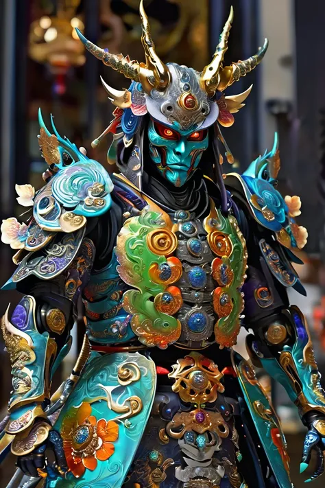 13 century,(((full body shot))), A gunmetalic evil cyborg samurai-like creature wearing a Hannya mask、eyes are shining、long coat、FW Murano style, vibrant color blast, whole body、incredibly detailed, dark, Key Visual, in the atmosphere, very realistic, high...