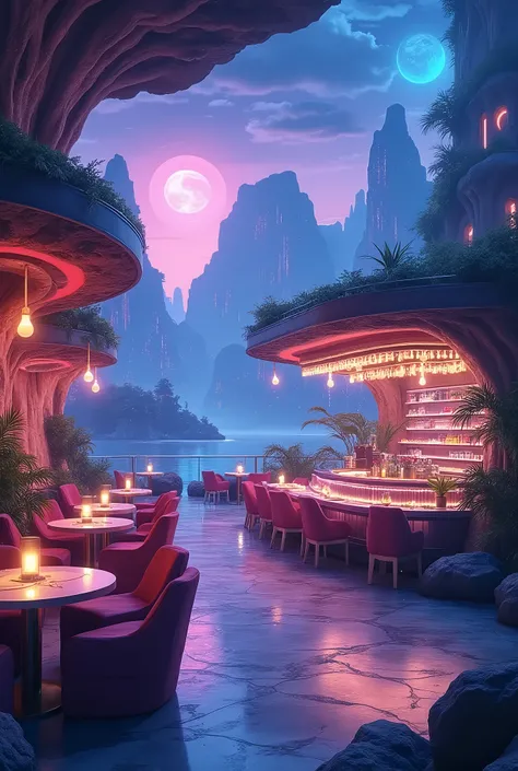   parallel world　Cafe　 coffee shop 　neon　 alien world　 anime style　colorful　 no people　