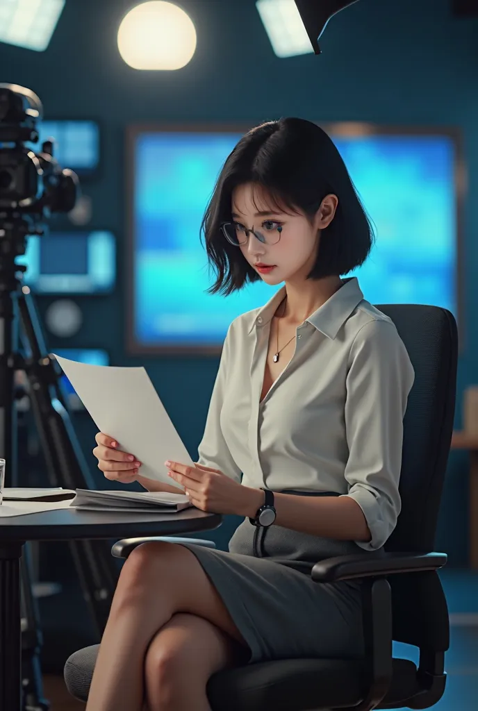 ((Best Quality)), ((傑Best Quality、masterpiece、High sensitivity、 high resolution on down、詳細な描写、 Delicate Facial Description)), Slender woman、Glasses、 newscaster 、Sit down、skirt、Television studio、News Programs、Read the manuscript 、
