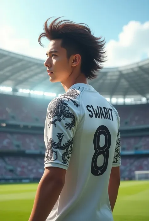 Make a Photo with the dragon Jersey of Real Madrid with a person wearing it and standing Backside and in front of a stadium and he looks Very smart from Back Also  add The jersey Name Swarit and jersey no 8 make hair silky , shiny and with a Look Good From...