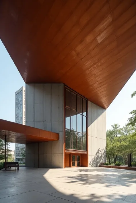 Create an image of a modern church made by making us cut so that it looks bigger  ,And the image taken from another angle where the modern church goes the roof is made of corten steel and the lower part is a reinforced concrete axe and inside the ceiling i...