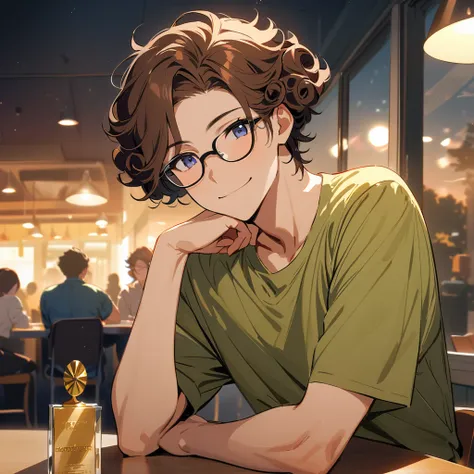   Ultra-fine,masterpiece, Awards, Best Quality ,1 person,  handsome man,Brown Hair,20 years old,Glasses,Introvert,moonlight,Cafeteria at night,  short hair, Curl perm,The best smile,