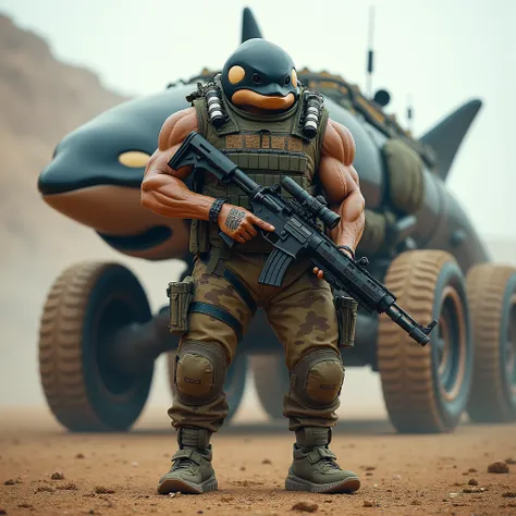  Strong muscular human body but with the face of an orca whale proportional to his brown body wearing a military vest camouflaged with several grenades.

 A sturdy ,  with multiple sights and tactical accessories in your hands .

 hybrid assault rifle prep...