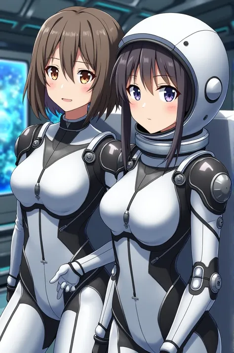 masterpiece:1.4, masterpiece, Highest quality, high resolution, newest, 2girls, friends, (group shot):5, (upper body):5, kyoto animation style, detailed, BREAK space station interior, zero gravity environment, floating, BREAK (white and black mechanical sp...