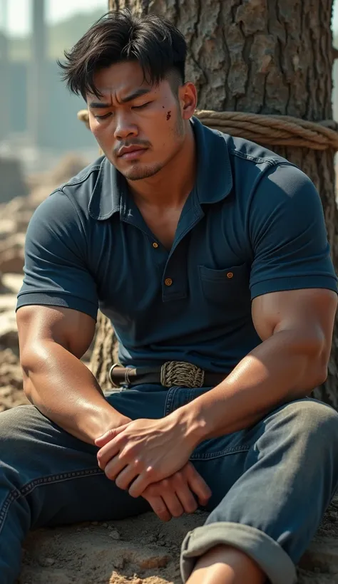 A handsome Korean guy sits on the floor, big muscular, tall bodybuilder, wearing a navy polo shirt, tied to a tree with a rope, hands crossed behind, eyes closed, mouth open., Natural light background ,  Outside destroyed building  ,  Man with slight blood...