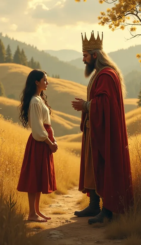 For the final scene, depict the girl explaining calmly to the king. Her face reflects wisdom as she speaks, while the king looks thoughtful and slightly humbled, realizing his true intentions. The rustic background with fields and warm tones underscores th...