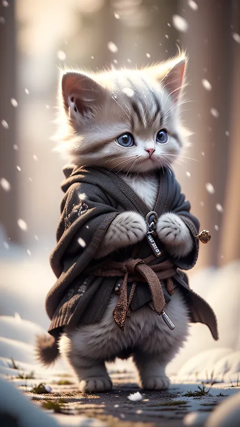 Best Quality,  very detailed,Realistic,photoRealistic:1.37)、 In a snowy winter landscape 、 A cute kitten holding a Japanese sword with small hands、 The fur is fluffy and shines on white snow 、 In the background, a snowy landscape and cool weather 、 with ge...