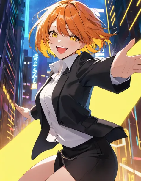  Adult Woman With Sharp Style,  orange short hair and yellow eyes、 face close-up、 office casual clothes、Urban Neon Background、  fearless smile  、Have fun dancing、Decoration、Glare