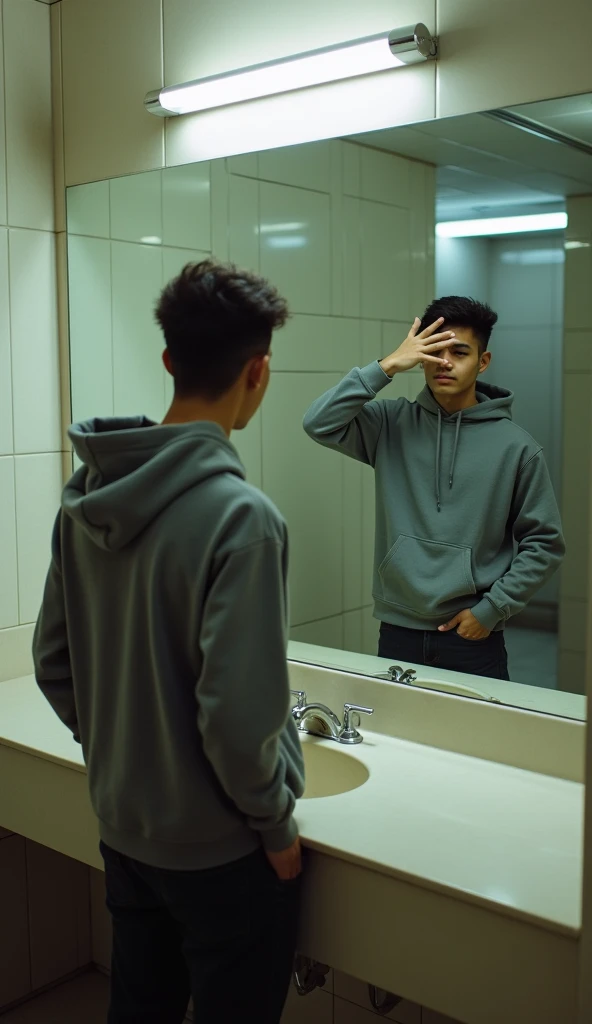 indonesian male, 17yo, taking mirror photos at a mall bathroom, casual hoodie outfit, one hand in pocket, slim, tall, muscular. 