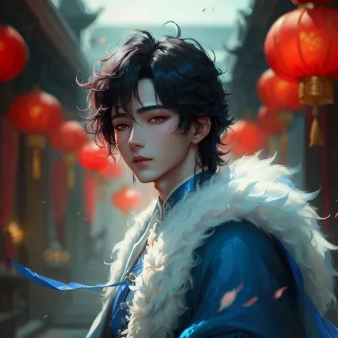 a painting of a young man in a blue and red outfit, beautiful androgynous prince, delicate androgynous prince, cai xukun, inspired by Bian Shoumin, beautiful character painting, highly detailed exquisite fanart, handsome guy in demon slayer art, inspired b...