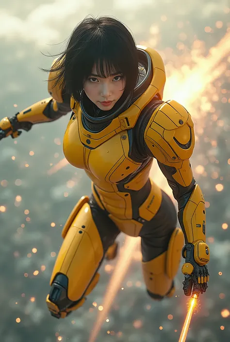  photorealistic, Ultra-realistic,  very beautiful Japanese 、Black Hair、 short hair、Patsun、  dramatic scene , masterpiece,  beautiful eyes, (Extremely complex 、Equipped with extremely complex golden Cyberpunk mech armor。:1.5), (Wear a golden tile cyberpunk ...