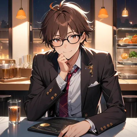   Ultra-fine,masterpiece, Awards, Best Quality ,1 person,  handsome man,Brown Hair,20 years old,Glasses,Introvert,moonlight,Cafeteria at night,  short hair,  spiral hair,The best smile,