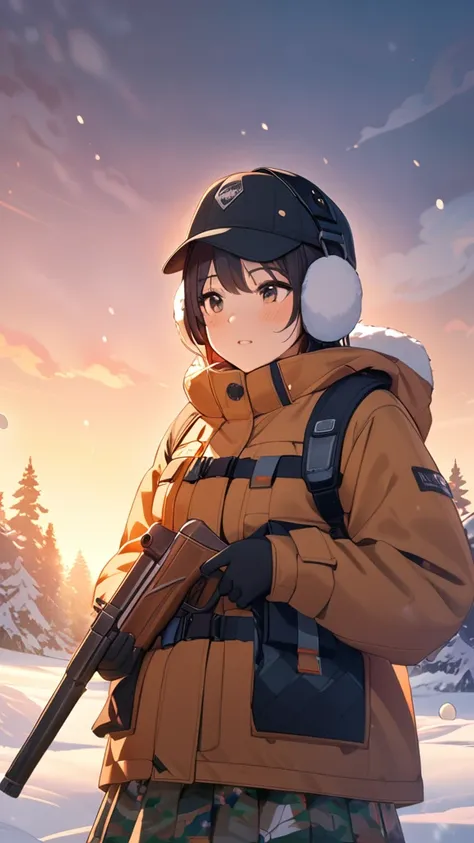 1 girl, (Calm expression),  short bob,  hat with earmuffs,  Survival Jacket ,  Camouflage Skirt,  small breasts,  Figure Holding a Gun , break,  Winter Dusk, ( Soft Light :1.3),  warm tone , Snow reflection,  enchanting atmosphere ,  break,  Snowy forest, ...