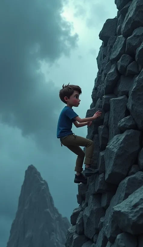 Create a 3D animation scene featuring Liam, an  boy with short brown hair, wearing a blue t-shirt and khaki pants. Hes climbing a steep, rocky mountain alone. The environment is cloudy and dark, with sharp, jagged rocks all around. Liam’s face shows determ...