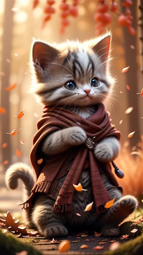 Best Quality,  very detailed,Realistic,photoRealistic:1.37)、 A kitten with red fur is playing on fallen leaves 、 orange and yellow fall leaves are scattered around、A deep autumn forest spreads out in the background 、 The warm light at dusk illuminates its ...