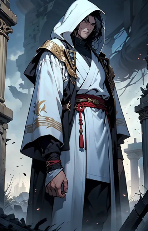 The image depicts a powerful and enigmatic warrior king of immense beauty, inspired by the great assassin warriors, the mystical and ancient land endless labyrinth street. The assassin warrior wears a very large magnificent white outfit that covers his ent...