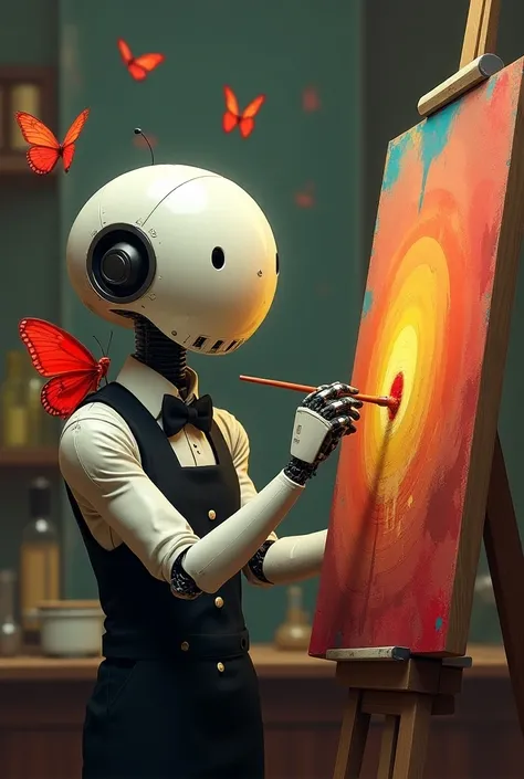 The robot draws a picture  (bartender clothes and a red butterfly sit on the robot, the robots head is round ,  and on the face, a screen with two eyes ,  holds a brush in his hand and paints a picture with it