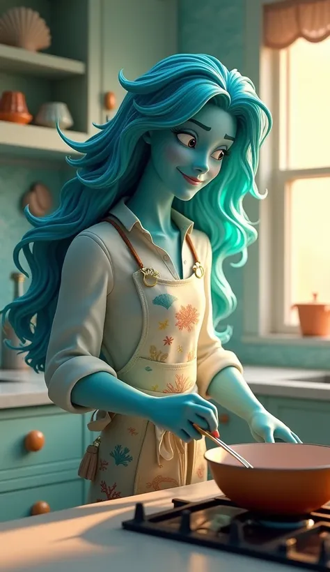 An ultra high-definition, 3D-rendered image of the ocean personified as an elegant, captivating character in the style of a Disney animated figure, cooking in a bright and charming kitchen. The character embodies the essence of the sea, with smooth, shimme...