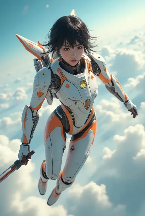  photorealistic, Ultra-realistic,  very beautiful Japanese 、Black Hair、 short hair、Patsun、  dramatic scene , masterpiece,  beautiful eyes, (Extremely complex 、 is equipped with extremely complex white and orange cyberpunk mech armor。:1.5), (Wearing a white...