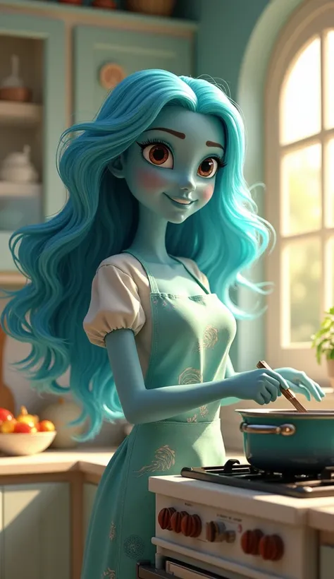 An ultra high-definition, 3D-rendered image of the ocean personified as an elegant, captivating character in the style of a Disney animated figure, cooking in a bright and charming kitchen. The character embodies the essence of the sea, with smooth, shimme...