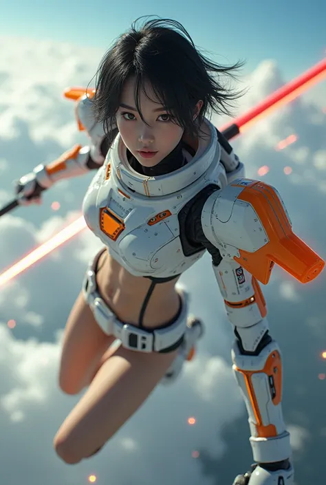  photorealistic, Ultra-realistic,  very beautiful Japanese 、Black Hair、 short hair、Patsun、  dramatic scene , masterpiece,  beautiful eyes, (Extremely complex 、 is equipped with extremely complex white and orange cyberpunk mech armor。:1.5), (Wearing a white...