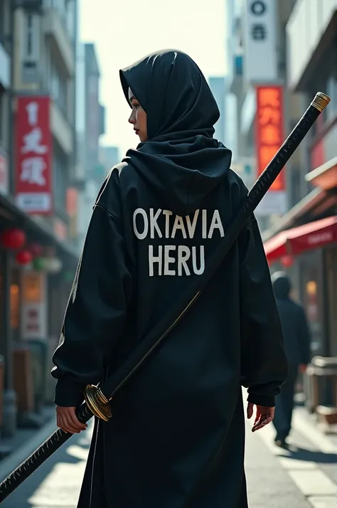 A girl in a hijab wearing a black hoodie with Oktavia Heru written on the back while carrying a sword on the streets of Japan