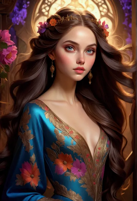 a beautiful girl, detailed face, captivating eyes, perfect skin, exquisite makeup, long flowing hair, elegant pose, dramatic lighting, dreamlike atmosphere, intricate floral background, fantasy art style, vibrant colors, cinematic lighting, high resolution...