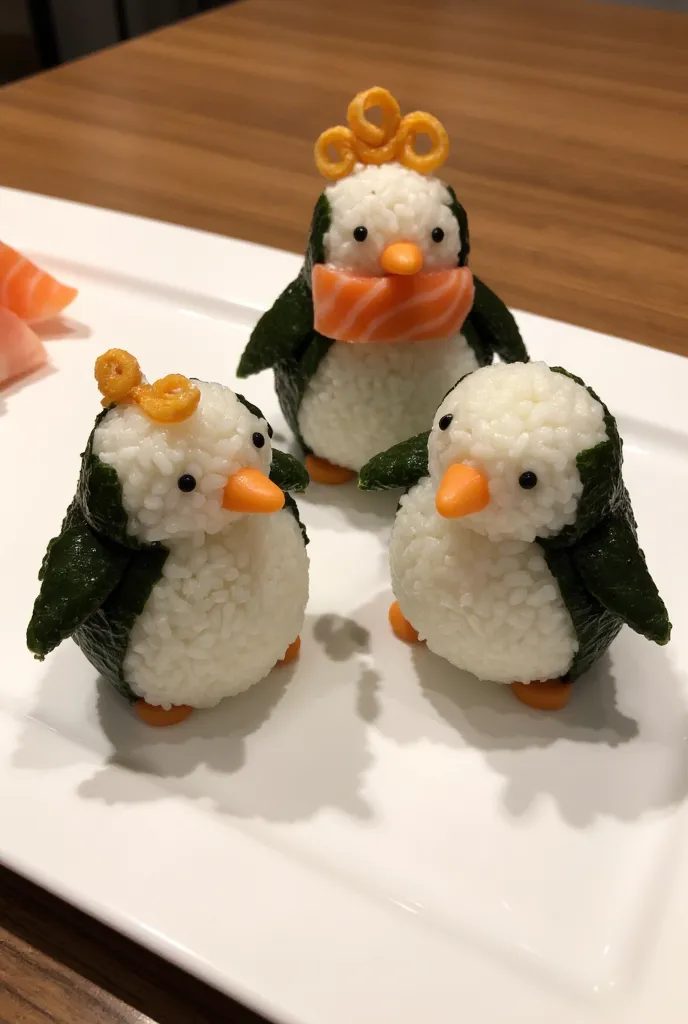 this is a photograph of a japanese-style sushi dish that has been crafted into the shape of a penguin. the sushi is arranged on ...