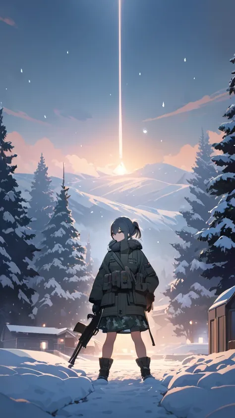 1 girl, (Calm expression),  medium hair,  ponytail,  Tactical Jackets,  Camouflage Skirt,  small breasts,  Figure Holding a Gun , break,  As the snow falls, (Cold Light:1.2),  Clear Tones , Cold air , Sparkling snow,  break,  Snowfield,  Cold Blue Skies , ...