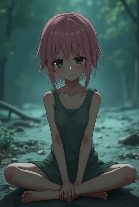 anime、 1 girl、 pink hair、 slender、 thinking 、 girl sitting、Minimum clothing required、 a world close to the end 、 sad face、 turn your gaze ,  big breasts at the temple, 