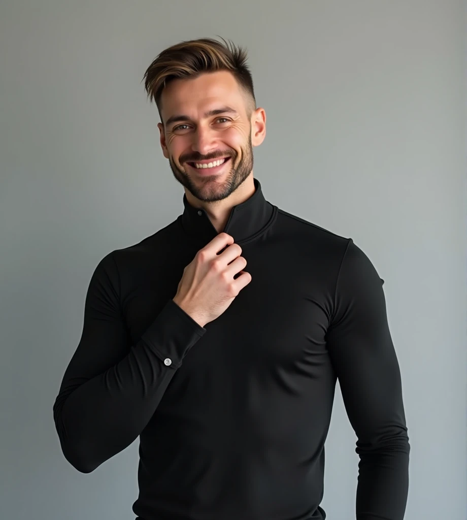 Create an image of a man wearing a black, form-fitting long-sleeve shirt, slightly stretching the collar with one hand to show the flexibility of the fabric. The shirt should have a smooth, snug fit and no visible patterns. The man has a light beard and sh...